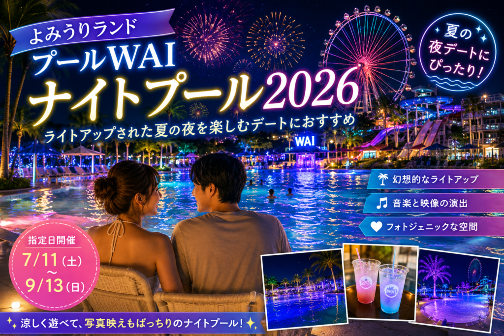 よみうりランドのプールWAIナイトプール2026のアイキャッチ画像。ライトアップされた夏の夜のプールでデートを楽しむカップル向けイベント