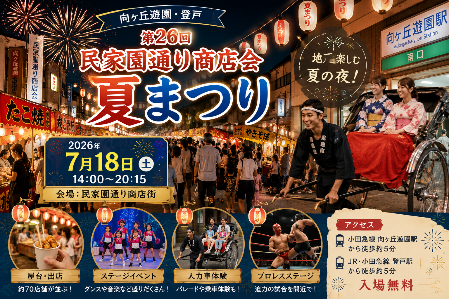 向ヶ丘遊園・登戸で開催される第26回民家園通り商店会夏まつりのアイキャッチ画像。屋台、ステージイベント、人力車体験を楽しめる多摩区の夏イベント