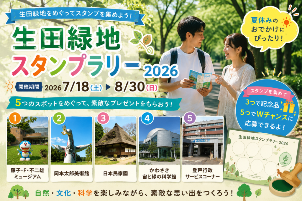 生田緑地スタンプラリー2026のアイキャッチ画像。藤子・F・不二雄ミュージアム、岡本太郎美術館、日本民家園、かわさき宙と緑の科学館などを巡る夏休み回遊イベント