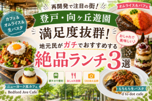 登戸・向ヶ丘遊園のおすすめランチ3選。おしゃれカフェのオムライス、パフェ、生パスタを紹介するグルメ記事サムネイル。