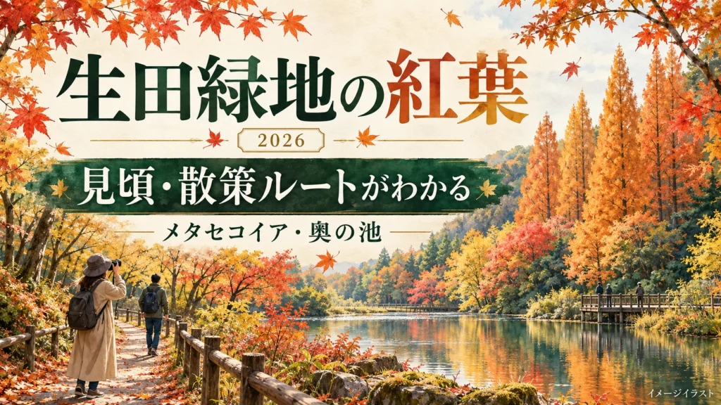 生田緑地の紅葉2026。メタセコイア・奥の池の見頃の目安と散策ルートを案内するイメージイラスト。現地の色づきの写真ではありません。