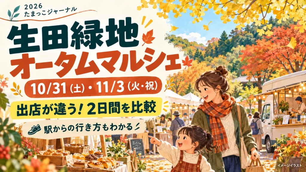 生田緑地オータムマルシェ2026。10月31日（土）と11月3日（火・祝）の出店比較と駅からの行き方を案内するイメージイラスト。