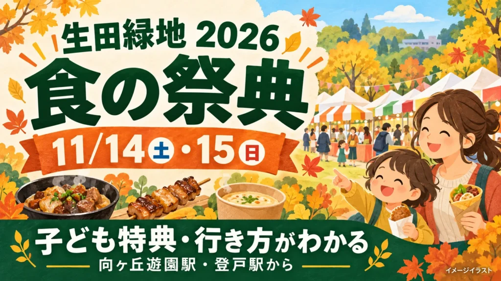 生田緑地の食の祭典2026は11月14日・15日。子ども特典と向ヶ丘遊園駅・登戸駅からの行き方を紹介するイメージイラスト。