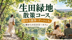 生田緑地の散策コース。ひとり散歩・デートと、駅からの行き方・カフェを紹介するイメージイラスト。