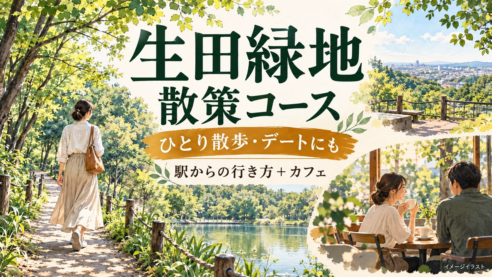 生田緑地の散策コース。ひとり散歩・デートと、駅からの行き方・カフェを紹介するイメージイラスト。