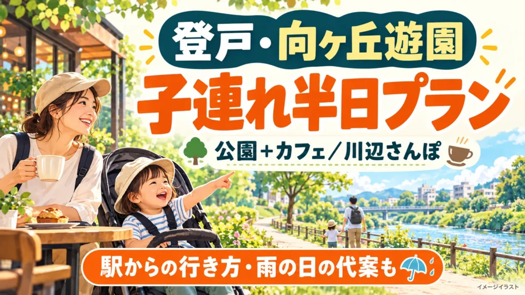 登戸・向ヶ丘遊園の子連れ半日プラン。公園とカフェ、川辺散歩、駅からの行き方と雨の日の代案を紹介するイメージイラスト。
