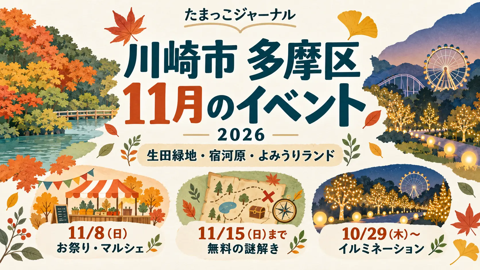 2026年11月の多摩区イベント。11月8日のお祭り・マルシェ、11月15日までの無料謎解き、10月29日からのイルミネーションを案内するイラスト
