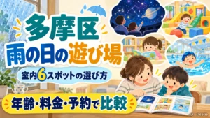 多摩区の雨の日の遊び場。室内6スポットを子どもの年齢・料金・予約で比較するイメージイラスト。