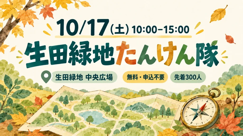 10月17日10〜15時、生田緑地中央広場のたんけん隊。無料・申込不要・先着300人。地図はイメージ。