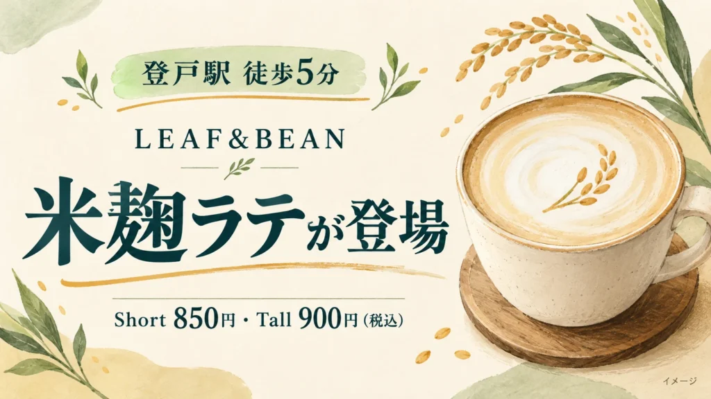 登戸駅徒歩5分のLEAF&BEANに米麹ラテ登場。Short850円、Tall900円、税込。カップはイメージイラスト。